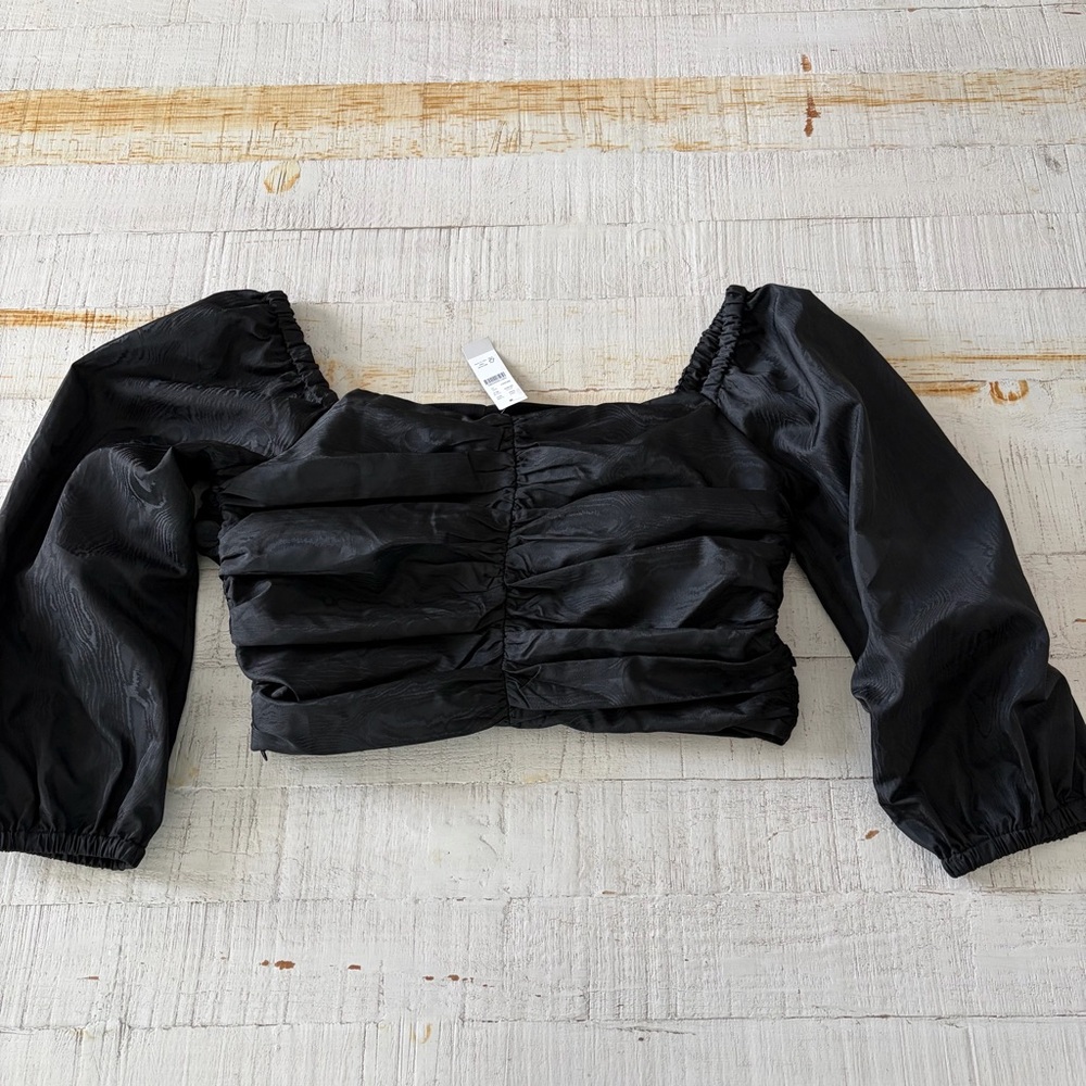 J.Crew NWT size 12 Ruched Puff Sleeve Cropped Top Black Long Sleeve Off Shoulder - Picture 12 of 13